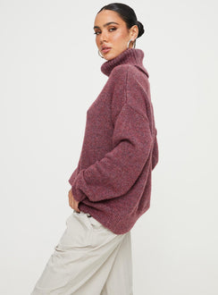 side view of model wearing Princess Polly Oswin Turtleneck Sweater Burgundy Jumpers 