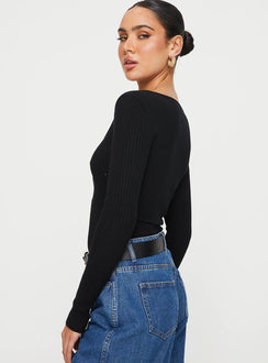 side view of model wearing Princess Polly Zuma Long Sleeve Bodysuit Black Full Sleeves 