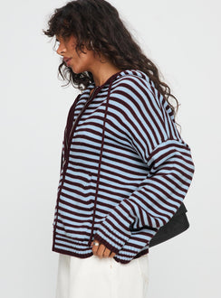 side view of model wearing Princess Polly Brienna Zip Jacket Burgundy / Blue Stripe 