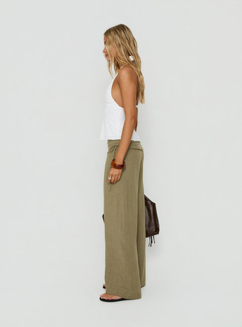 Silver Moon Linen Blend Tie Pants Olive Green Tall