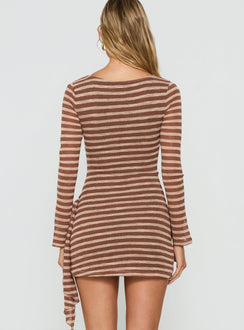 Avenor Long Sleeve Tie Detail Mini Dress Brown / Yellow Stripe