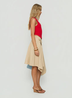 Featuring the Ellainah Asymmetrical Wrap Midi Skirt Concrete in tan womens-skirts with relaxed fit side view of model wearing Princess Polly
