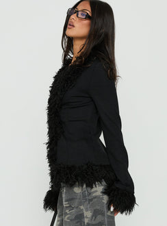 Crafted with a Brynlie Faux Fur Trim Boxy Cardigan in Black womens-jumpers featuring short length side view of model wearing Princess Polly