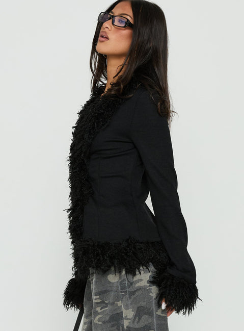 Crafted with a Brynlie Faux Fur Trim Boxy Cardigan in Black womens-jumpers featuring short length side view of model wearing Princess Polly