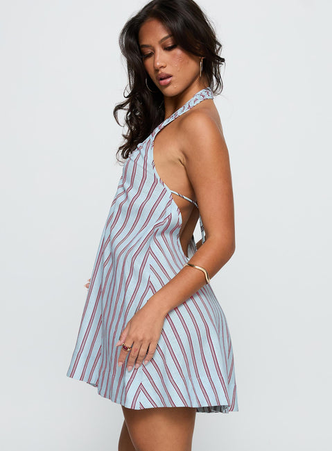 side view of model wearing Princess Polly Daydreams Linen Blend Halter Mini Dress Blue / Maroon Stripe Scoop Neck 