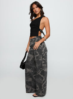 side view of model wearing Princess Polly Big Talk Mid Rise Straight Leg Jeans Grey Washed Camo Mid Rise Jeans Jeans 