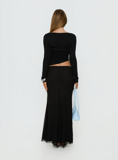 back view of model wearing Princess Polly Caviar Tie Maxi Skirt Black Maxi Skirts Skirts 
