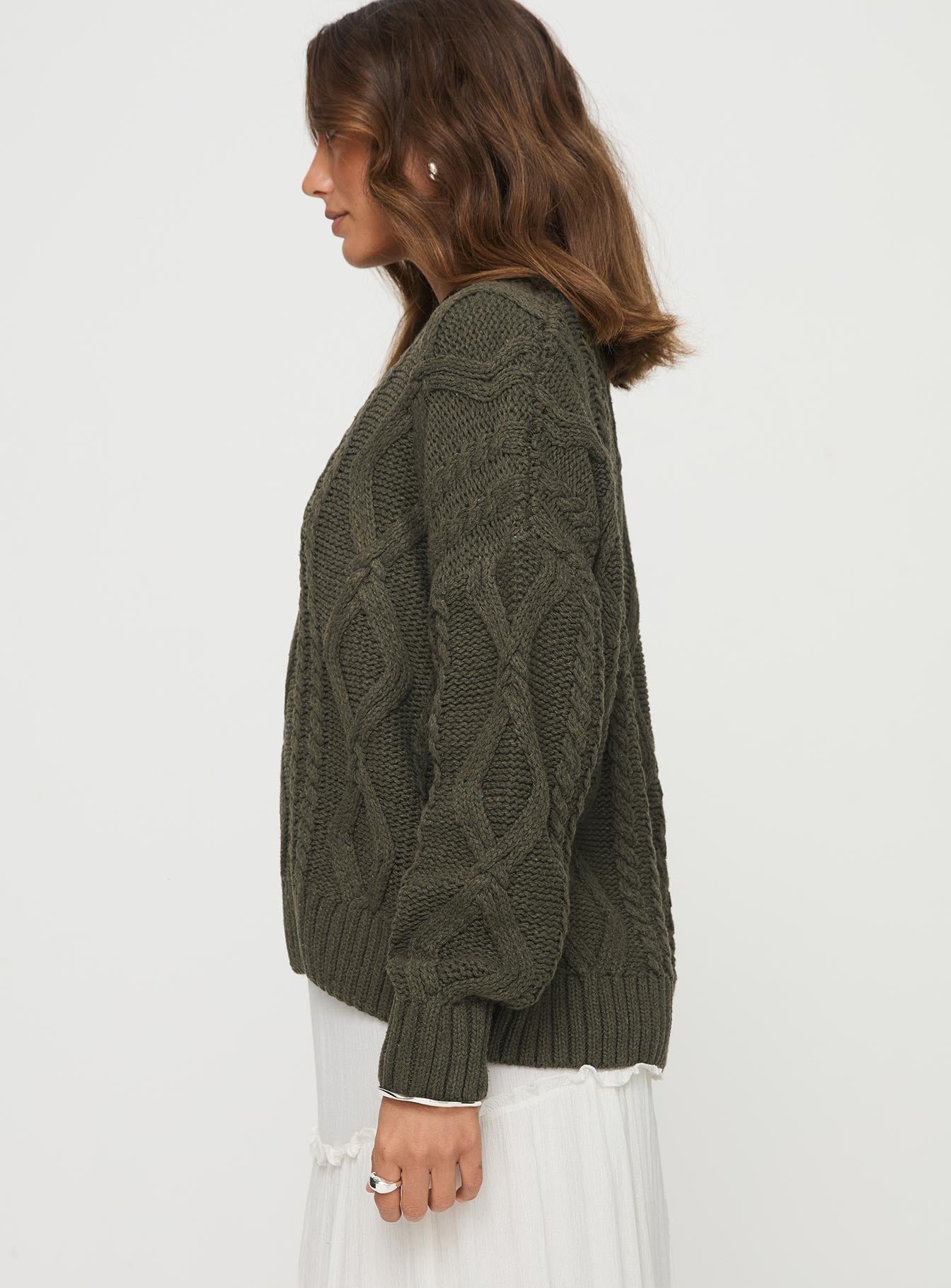 side view of model wearing Princess Polly Anaya Oversized Sweater Olive Longline Jumpers Jumpers 