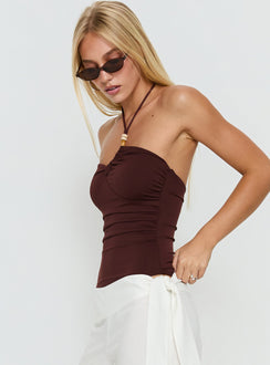 side view of model wearing Princess Polly Meda Bead Detail Ruched Bodysuit Brown Sleeveless 