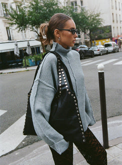 side view of model wearing Princess Polly Lachlynn Oversized Knit Sweater Charcoal Marle 