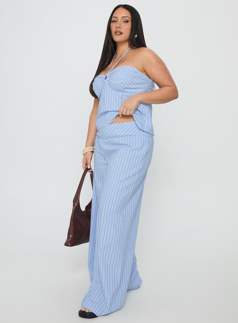side view of model wearing Princess Polly Sofea Mid Rise Pant Blue Stripe Curve High Waisted Pants 