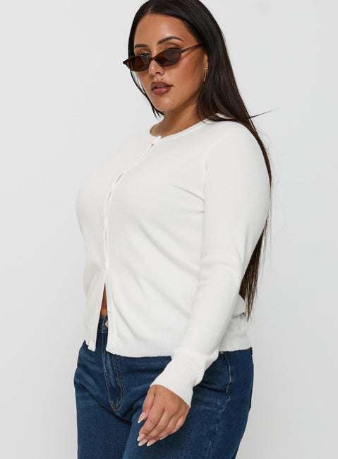 side view of model wearing Princess Polly Lauraine Cardigan White Curve regular 