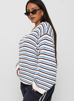 side view of model wearing Princess Polly Karolyn Sweater Blue Stripe Curve 