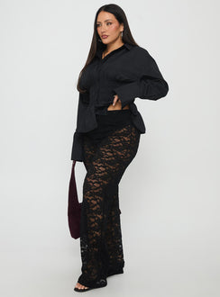 side view of model wearing Princess Polly Peru Lace Pants Black Curve High Waisted Pants 