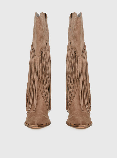 Like An Angel Faux Suede Tassel Knee High Boots Tan