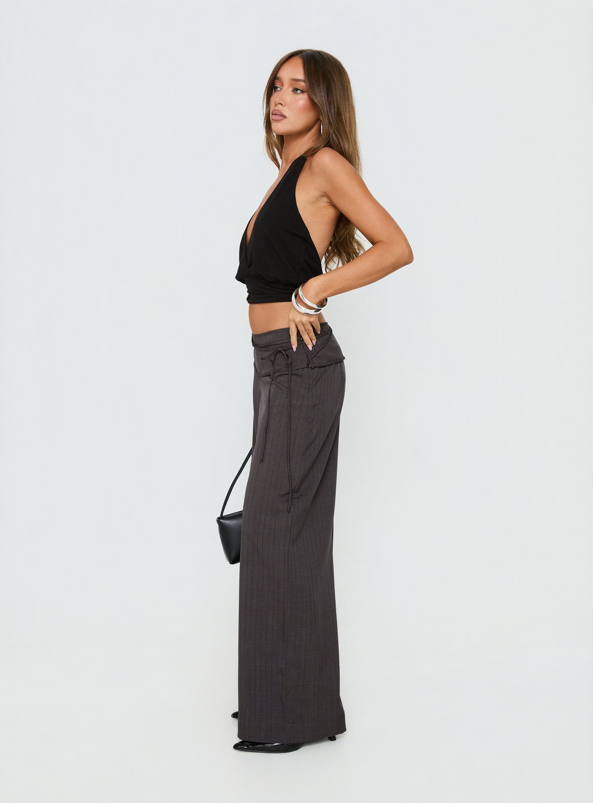 side view of model wearing Princess Polly Silver Moon Tie Pants Charcoal Mid Rise Pants Pants 