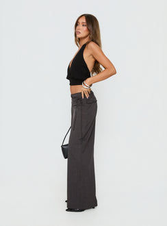 side view of model wearing Princess Polly Silver Moon Tie Pants Charcoal Mid Rise Pants Pants 