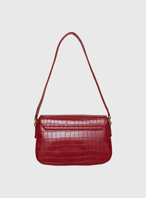 Faux croc leather shoulder bag Gold-toned hardware, zip and button fastening, internal zip & slip pockets, flat base