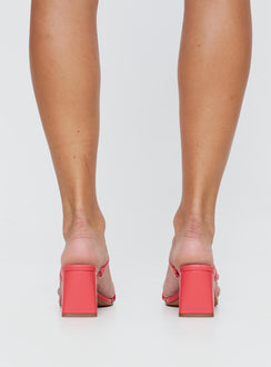 Heels  Open square toe, mid-block heel, open heel counter, strappy upper, slightly padded footbed