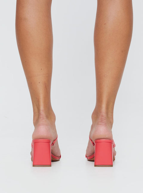 Heels  Open square toe, mid-block heel, open heel counter, strappy upper, slightly padded footbed