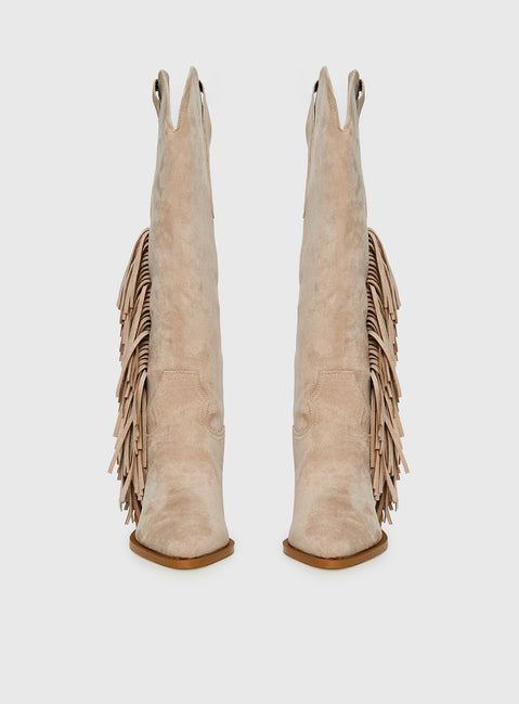 Billini Ardie Faux Suede Tassel Cowboy Boots Light Beige