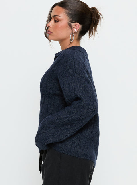 side view of model wearing Princess Polly Brodey Collared Cable Knit Sweater Navy 