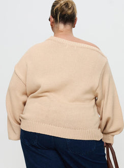 back view of model wearing Princess Polly Jadynn Off Shoulder Knit Sweater Cream Curve 