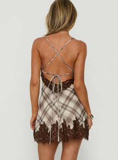 Call My Lover Lace Slip Mini Dress Brown Check