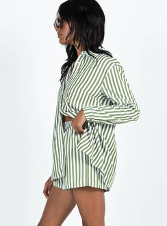 Matching set Striped print Classic collar Button front fastening Single-button cuff High waisted shorts  Drawstring waistband