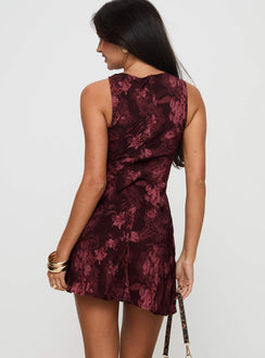 back view of model wearing Princess Polly Vivre Mini Dress Burgundy Paisley Tall High Neck 