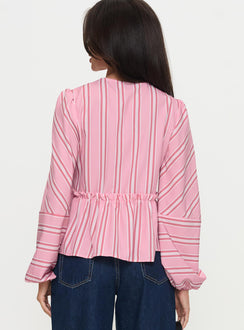 back view of model wearing Princess Polly Cindylou Long Sleeve Top Pink Stripe Full Sleeves Plunger 