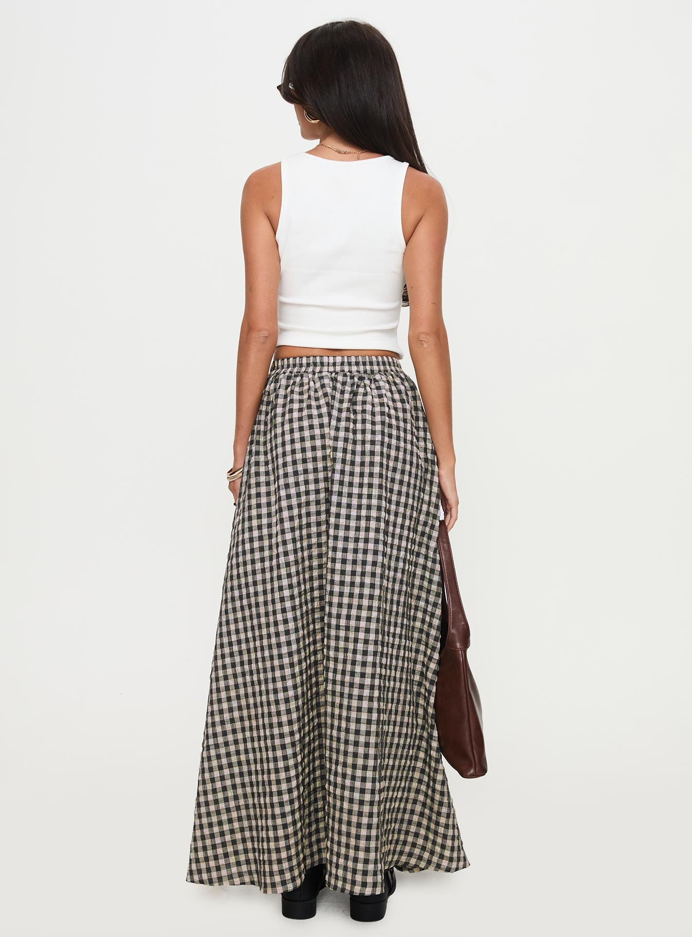 back view of model wearing Princess Polly Cartmel Check Maxi Skirt Black / Cream Maxi Skirts Skirts 