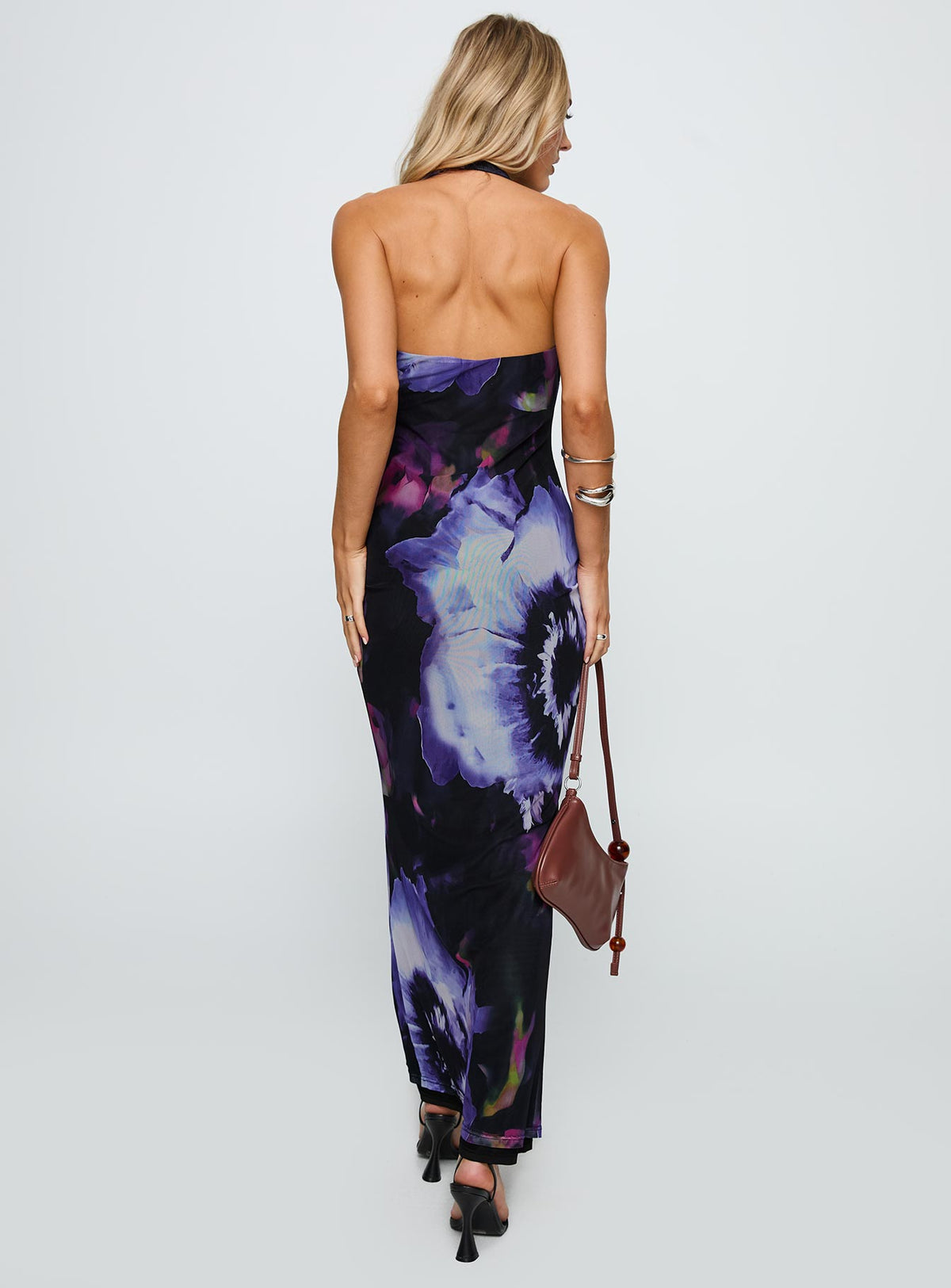 back view of model wearing Princess Polly Bittersuite Cowl Maxi Dress Black Cowl Neck 
