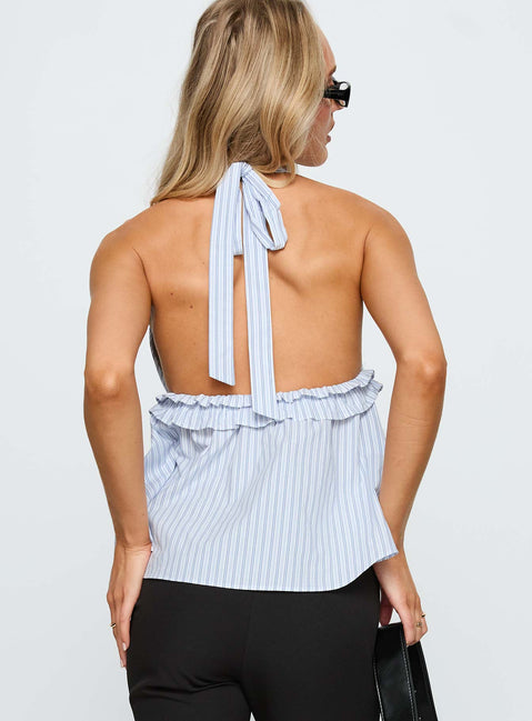 back view of model wearing Princess Polly Nautique Halter Ruched Top Blue Stripe Sleeveless Plunger 