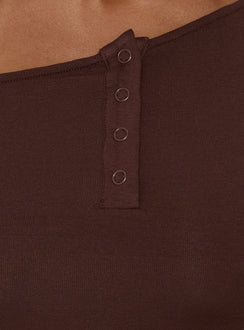 Kleoh Off Shoulder Long Sleeve Henley Top Brown
