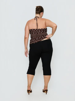 back view of model wearing Princess Polly Baseline Rib Capri Pants Black Curve Mid Rise Pants 