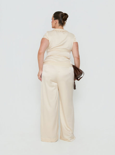 Explore the Aubrette Satin Tie Pants Cream Curve womens-regular-pants with high-rise fit, belt feature and wide-leg shape back view of model wearing Princess Polly