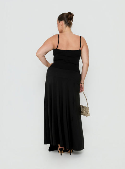Crafted from the Nola Hardware Slit Maxi Skirt Black Curve in womens-skirts with a fitted aline silhouette and lace hem back view of model wearing
