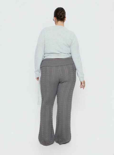 back view of model wearing Princess Polly Baleigh Cable Knit Foldover Pants Grey Curve High Rise Pants 