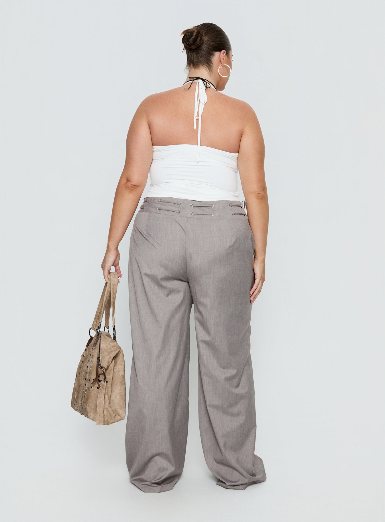 back view of model wearing Princess Polly Just Have Fun Wide Leg Pant Grey Curve Mid Rise Pants 