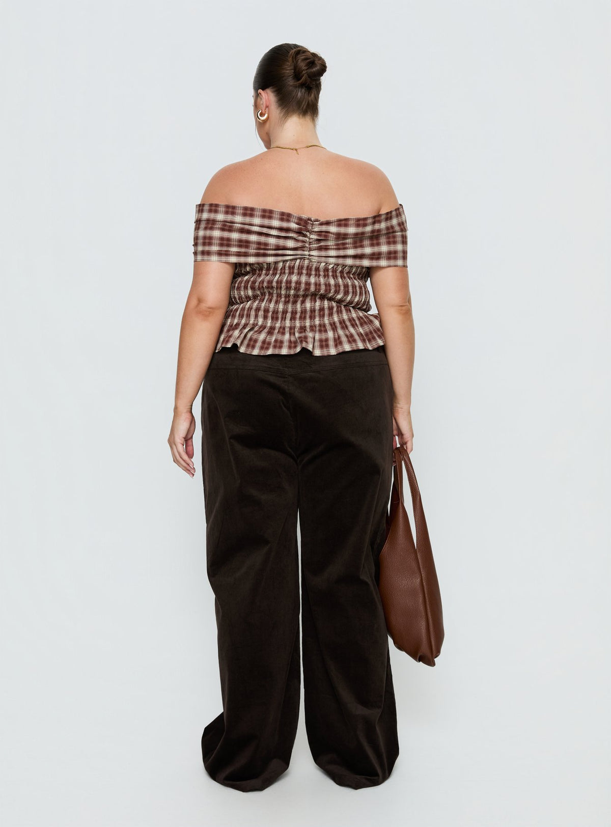 back view of model wearing Princess Polly Kenza Wide Leg Corduroy Pant Brown Curve Mid Rise Pants 