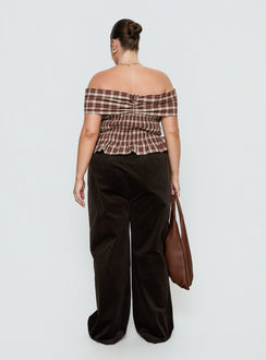 back view of model wearing Princess Polly Kenza Wide Leg Corduroy Pant Brown Curve Mid Rise Pants 