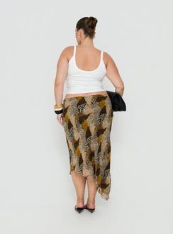 Displaying the Suella Asymmetrical Midi Skirt Animal Multi Curve in womens-skirts with fitted silhouette and frayed hem in animal-leopard print back view of model wearing Princess Polly