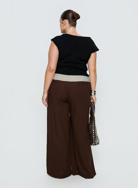 back view of model wearing Princess Polly Past Life Fold Over Waistband Pant Brown / Stripe Curve Mid Rise Pants 