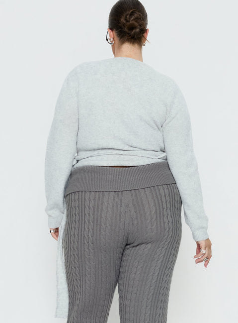 Highlighting the Tonee Wrap Knit Cardigan Grey Curve in a short length womens jumper with v-neck and oversized fit back view of model wearing Princess Polly