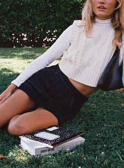 Front view of model wearing  front Hughes Mini Skirt Dark Wash Denim Princess Polly  Mini Skirts 