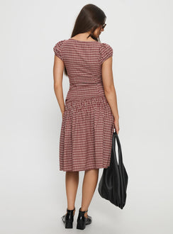 back view of model wearing Princess Polly Alixandra Ruched Midi Skirt Red Check Midi Skirts Skirts 