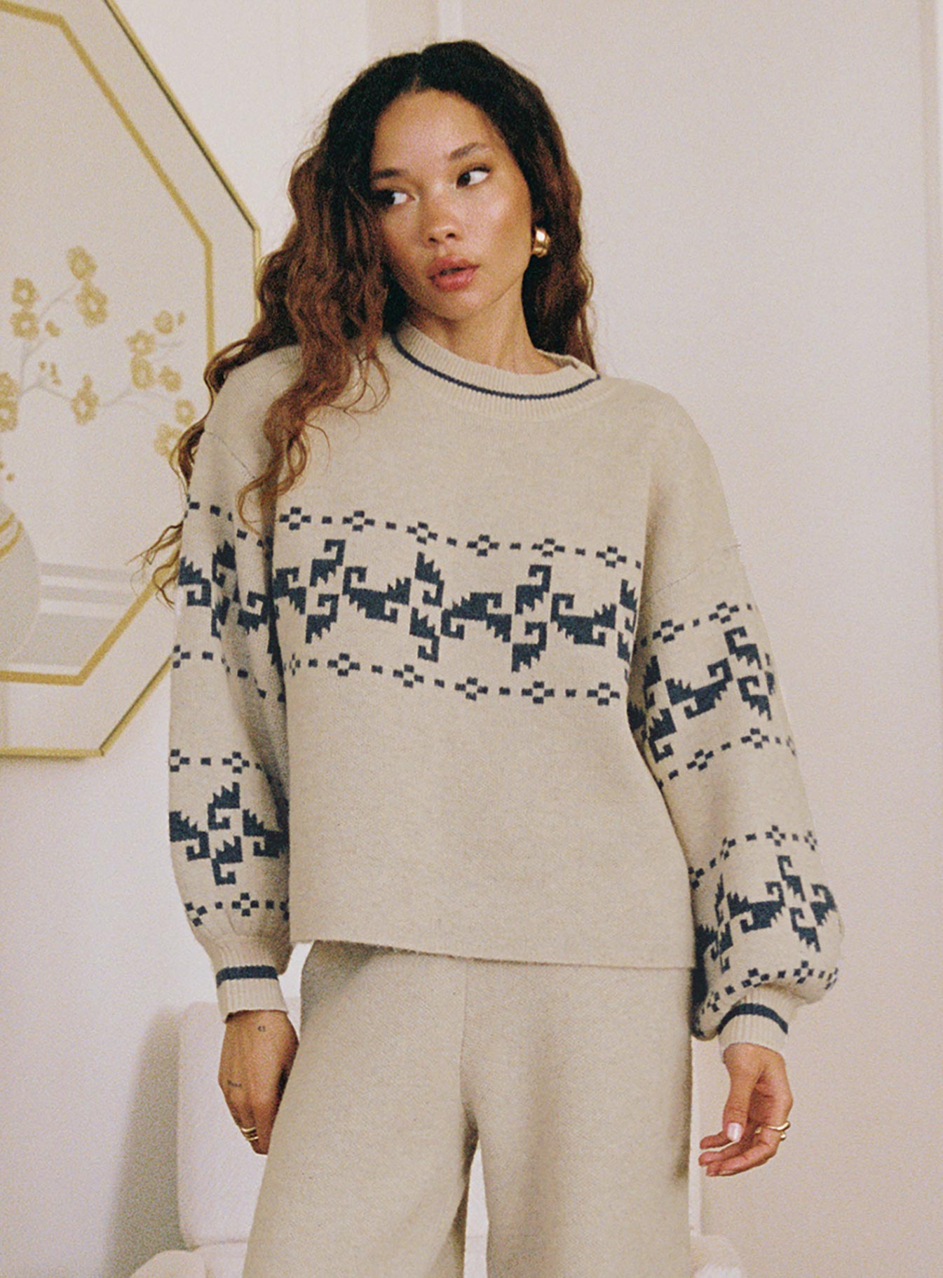 front view of model wearing Princess Polly Alpine Sweater Cream / Blue regular 