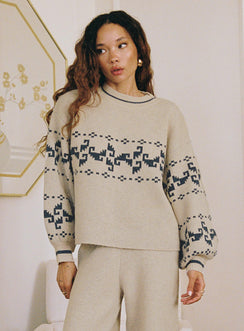 front view of model wearing Princess Polly Alpine Sweater Cream / Blue regular 