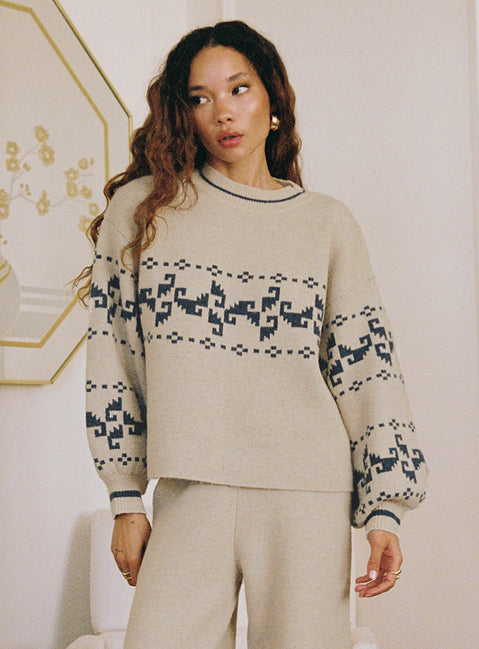 front view of model wearing Princess Polly Alpine Sweater Cream / Blue regular 